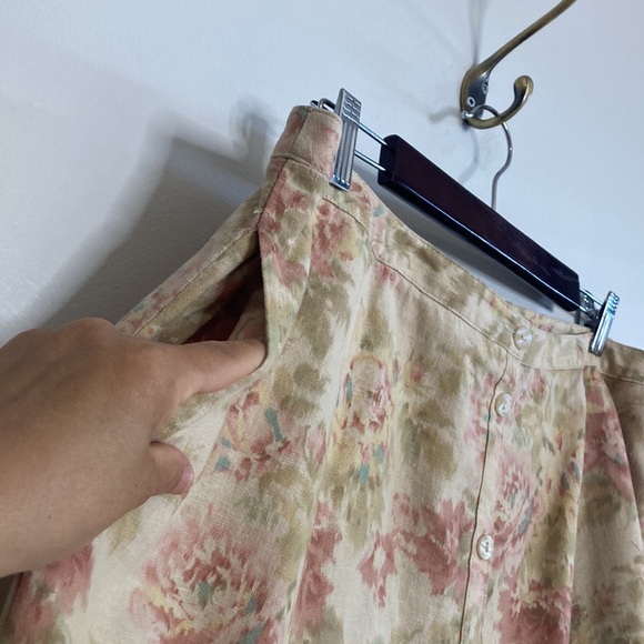Vintage Skirt Womens 18 Beige Pink Floral Midi Linen Skirt 90s Romantic Whimsy - Picture 6 of 12
